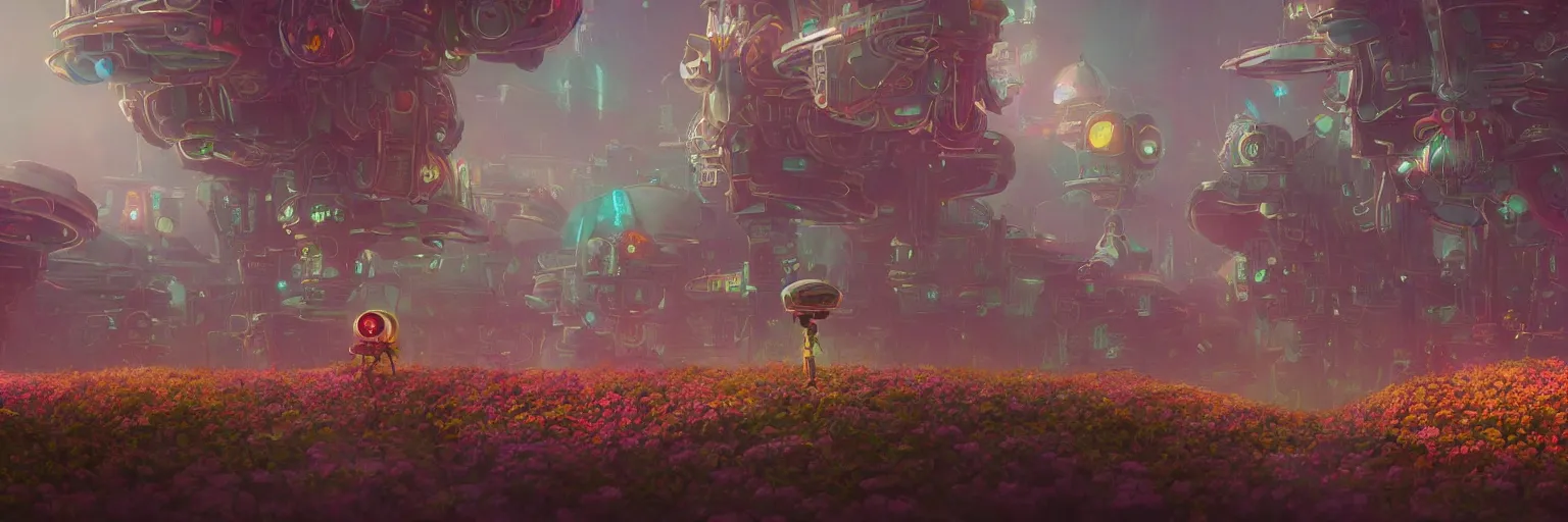 Prompt: beautiful low angle painting of an alien world with sleek architecture, steampunk, ground made of multicolour flowers, neon lights, a tiny girl watching on, in the style of shaun tan, elegant, highly detailed, digital painting, artstation, cinematic lighting, glowing light and shadows, trending on artstation, octane render