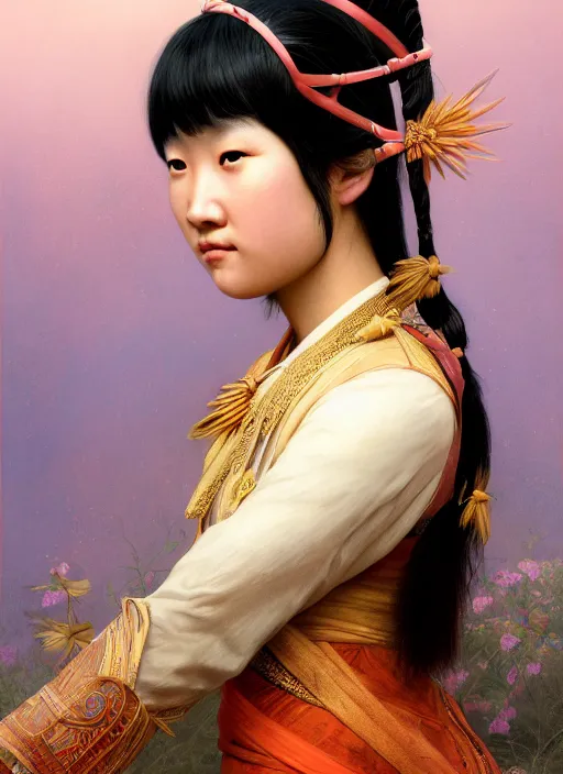 Image similar to beautiful portrait of a Asia minority female wearing fantastic costume,pigtail,intricate, elegant, highly detailed, dim volumetric lighting, 8k,octane,post-processing,digital painting, trending on artstation, concept art, smooth, sharp focus, illustration,by Tom Bagshaw and Daniel Gerhartz and Albert Aublet and Lawrence Alma-Tadema and alphonse mucha