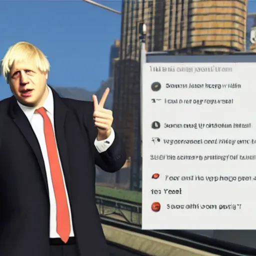 Image similar to Boris Johnson doing finger guns in GTA V loading screen