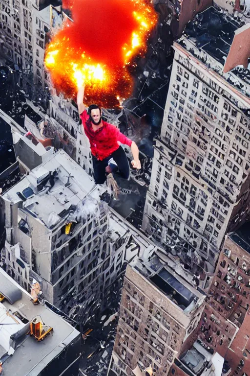 Image similar to !dream a man jumping from a building exploding in New York, explosion aerial view