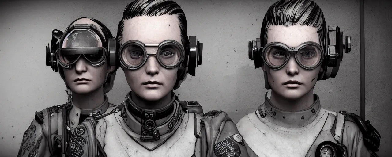 Image similar to ink character concept art 3 / 4 portrait of tattooed stoic heroic emotionless butch blonde woman engineer with short slicked - back hair, wearing dirty flight suit, wearing dark victorian goggles on forehead, awkward and uncomfortable and anxious, dirty. reactor room, scifi, hyper detailed. octane render. trending on artstation