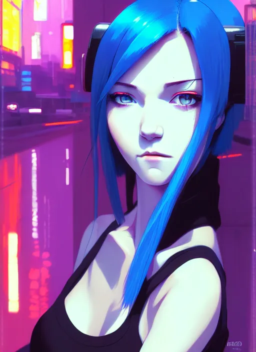 Image similar to hyper realistic photograph portrait of cyberpunk pretty girl with blue hair, wearing a tight black dress, in city street at night, by makoto shinkai, ilya kuvshinov, lois van baarle, rossdraws, basquiat