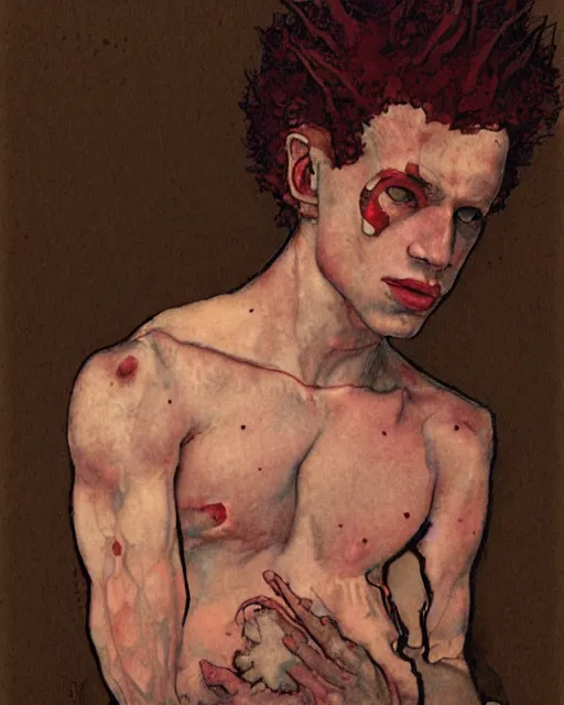 Image similar to portrait of an axolotl god by greg rutkowski in the style of egon schiele