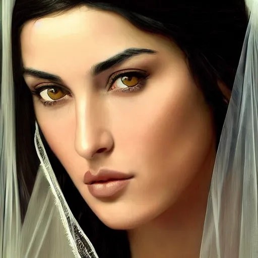 Image similar to Beautiful face Portrait of young arab Monica Bellucci, blue eyes with transparent contact lenses, long wavy black hair, white veil, closeup, focus face, colored, middle eastern, dramatic lighting, intricate, wild, highly detailed, digital painting, artstation, concept art, smooth, sharp focus, illustration, art by artgerm and greg rutkowski and alphonse mucha, footage from space camera