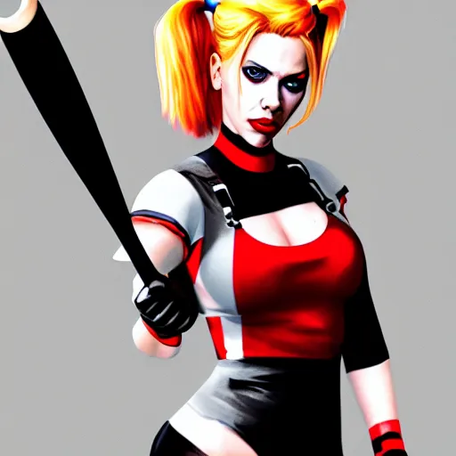 Image similar to Scarlett Johansson as Harley Quinn, holding bat, digital, artstation