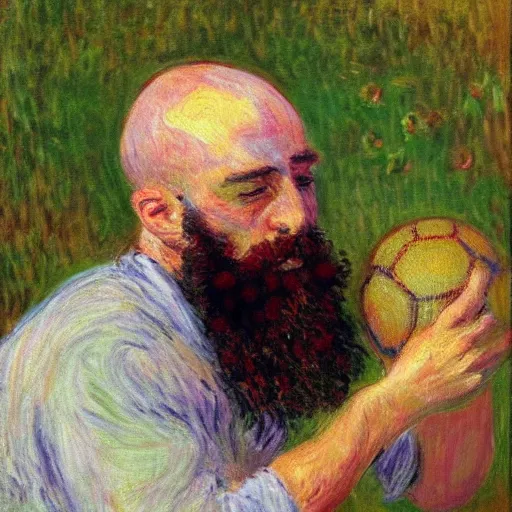 Prompt: monet painting of a bearded man with shaved head puking on a soccer ball, highly detailed, realistic,