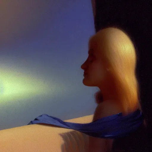 Image similar to a young woman's face, her hair is white and she wears a cobalt blue satin cloak, by ivan aivazovsky and syd mead and moebius and gaston bussiere and roger dean and pieter claesz and paul delaroche and alma tadema and aelbert cuyp, hyperrealistic, volumetric light, octane render