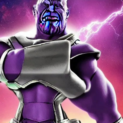 Image similar to thanos wearing a Nintendo power glove, promotional photo from avengers movie