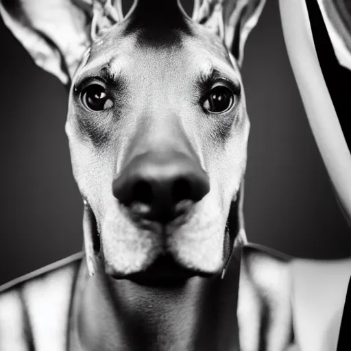 Image similar to fashion photography of model with the head of a doberman, wearing futuristic hip - hop fashion, inside berghain, futuristic fashion, photo 3 5 mm leica, hyperdetail, 8 k, very detailed, black and white