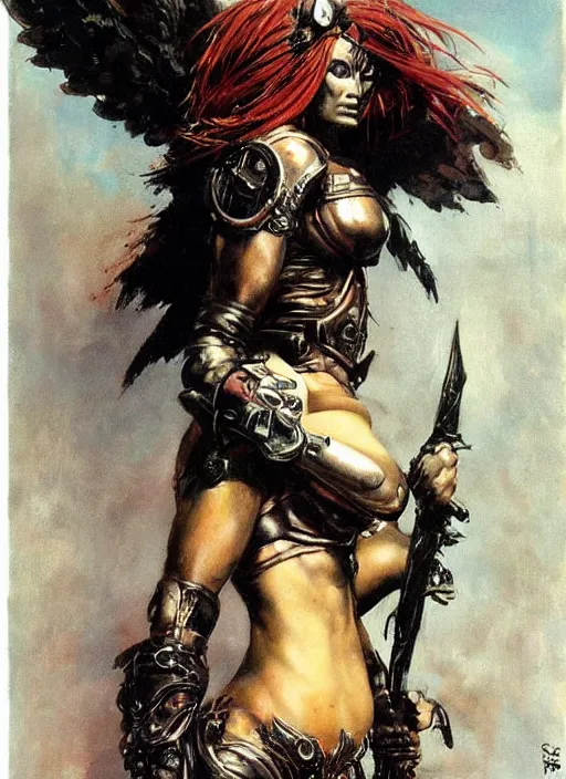 Image similar to portrait of european female chaos angel, beautiful! coherent! by frank frazetta, by brom, strong line, deep color, copper armor, iron helm, high contrast, maximalist