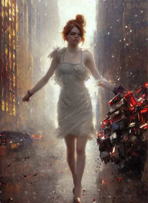 Image similar to emma stone walking into new york building, christmas, artwork by gaston bussiere, craig mullins, trending on artstation