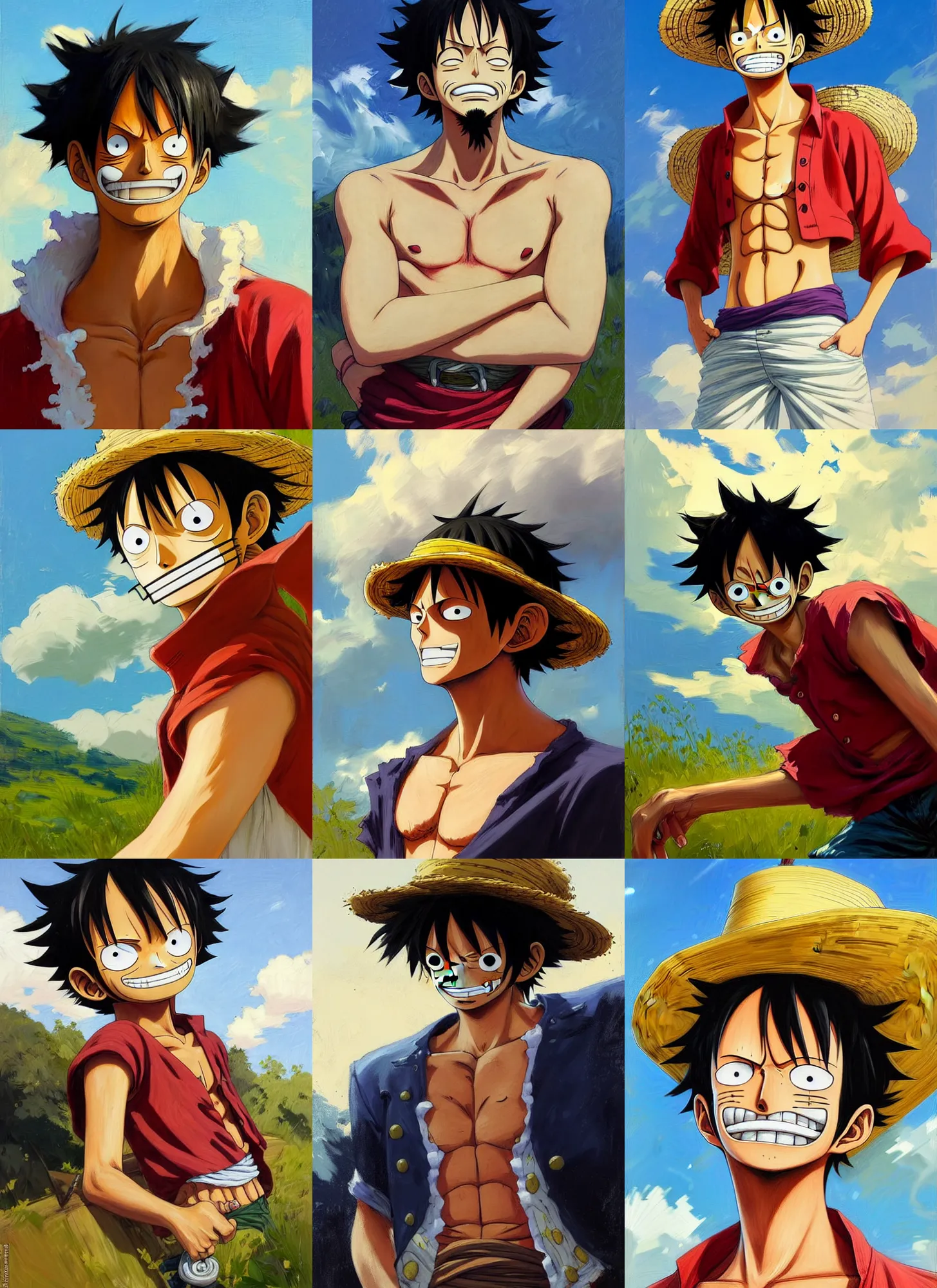 Prompt: portrait of luffy from one piece, countryside, calm, fantasy character portrait, dynamic pose, above view, sunny day, thunder clouds in the sky, artwork by Jeremy Lipkin and Giuseppe Dangelico Pino and Michael Garmash and Rob Rey, very coherent asymmetrical artwork, sharp edges, perfect face, simple form, 100mm