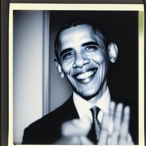 Prompt: A creepy polaroid photo of Obama chasing you down an empty hallway