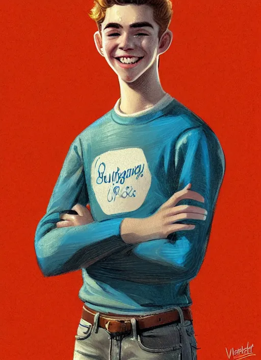 Image similar to portrait of teenage archie andrews, freckles, curly middle part haircut, curly hair, smiling kindly, friendly, 1 9 5 0 s, intricate, elegant, glowing lights, highly detailed, digital painting, artstation, concept art, smooth, sharp focus, illustration, art by wlop, mars ravelo and greg rutkowski