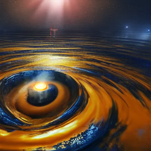 Prompt: wide angle shot of a giant stream of liquid golden stream ascending swirling into a black hole, james web telescope, conceptart, unreal engine 5, 8 k, high depth of field, depth perception, rich deep colors, artstation