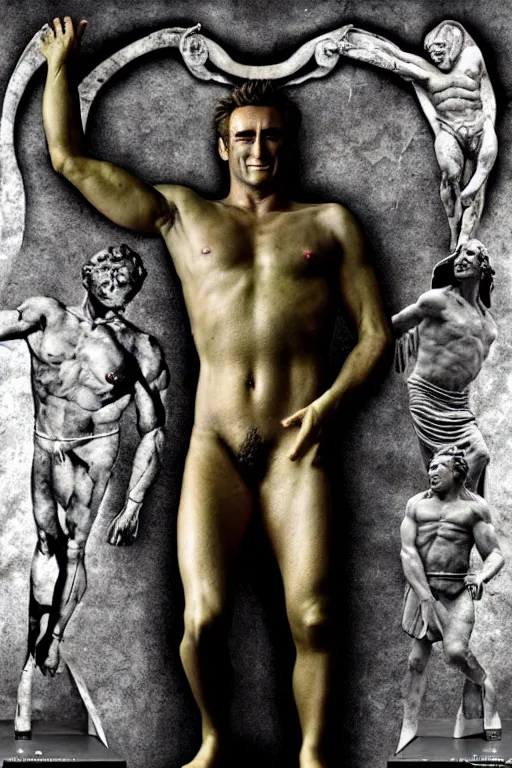 Image similar to hyperrealism billy herrington as a marble statue in ukrainian odessa wallpaper in style of alejandro jodorowsky and giger and araki nobuyoshi