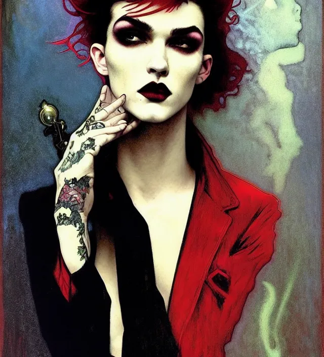 Prompt: stunning portrait of highly details androgynous ruby rose as desire from sandman, rockabilly style, by ego shield, by alphonse mucha, by jeremy mann, by peter lindbergh, dave mckean, by maurice sapiro, by frank moth, white suit and black tie, soft lightning, high detailed, 8 k