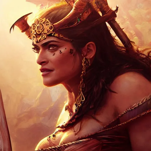Prompt: salma hayek as a barbarian warrior, au naturel, hyper detailed, digital art, trending in artstation, cinematic lighting, studio quality, smooth render, unreal engine 5 rendered, octane rendered, art style by klimt and nixeu and ian sprigger and wlop and krenz cushart.