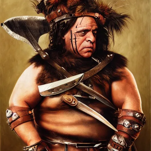 Image similar to danny devito as a barbarian warrior, full body, holding club, legendary warrior, leather straps, tattoos, piercings, fur and leather armor, beautiful, sharp detail, photo realism, robin eley, oil painting