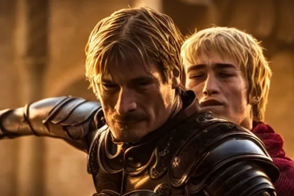 Image similar to very very intricate photorealistic photo of jaime lannister fighting cersei, photo is in focus with detailed atmospheric lighting, award - winning details