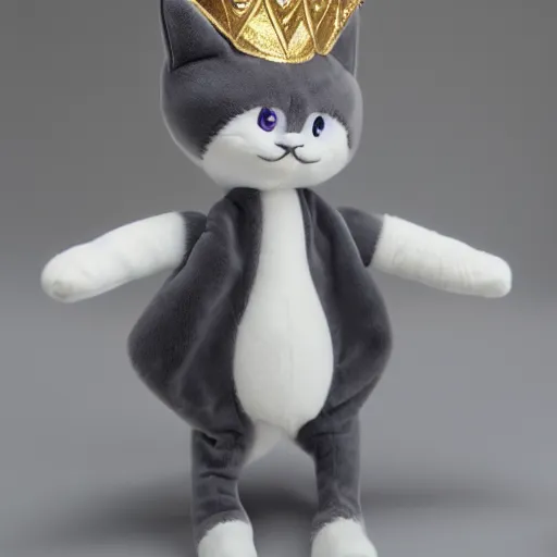 Image similar to gray anthropomorphic, cat female with a whit and chest, wearing a golden crown, big blue eyes, plushy