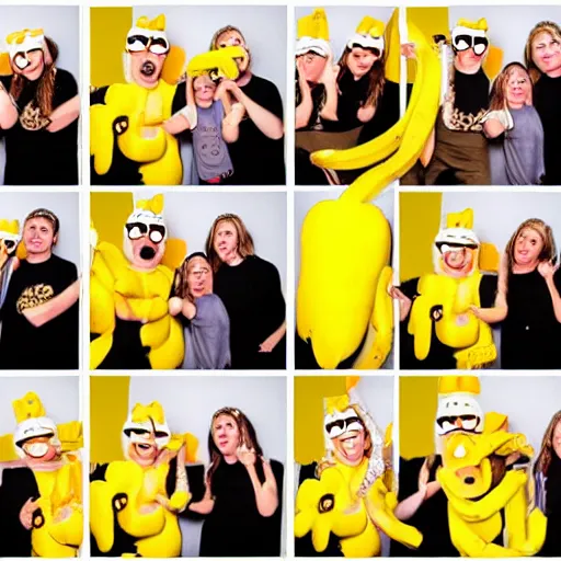 Image similar to photo booth film strip of a person in a banana costume doing fun poses