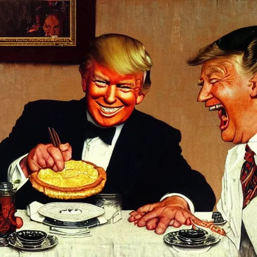 Prompt: donald trump eating a cream pie at a wooden table, he is smiling, artist norman rockwell,