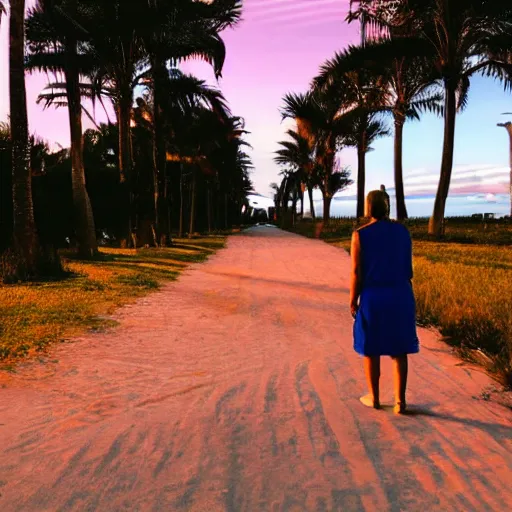 Image similar to a woman on the street, facing a blue portal that leads to a beach at sunset