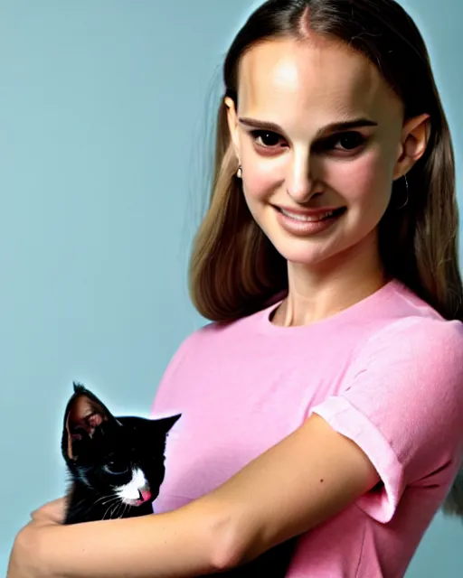 Image similar to a girl looking like natalie portman, holding a robotic kitten. 8k, sharp high quality