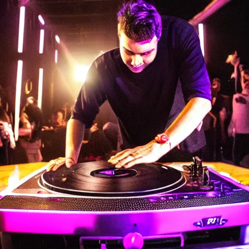 Image similar to instagram photo of a dj hip hop grizzly bear spinning turn tables and holding a microphone