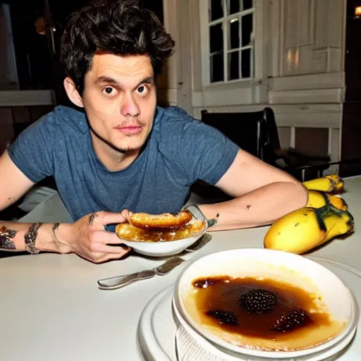 Image similar to john mayer eating a creme brulee with bananas