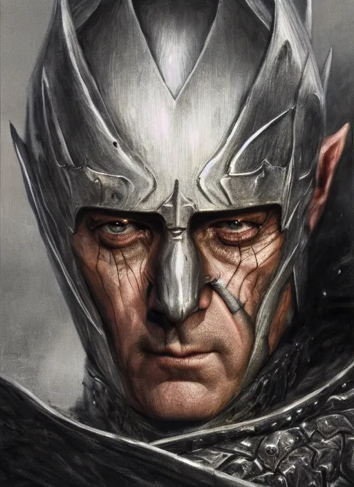 Image similar to armoured kevin spacey as sauron, by alan lee, lord of the rings, smooth, detailed terrain, oil painting, matte painting, concept art, trending on artstation, promotional artwork, film still, elegant, photorealistic facial features, intricate, detailed face, cinematic lighting