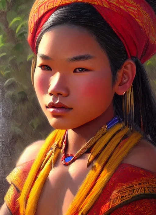 Image similar to portrait of a beautiful teen tai lue ethnic north thailand, closeup portrait, historical, ethnic group, traditional costume, elegant, loin cloth, highly detailed, oil painting, artstation, concept art, matte, sharp focus, illustration, hearthstone, art by earl norem