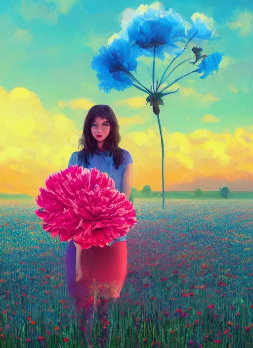 Image similar to woman with a giant carnation as a face, flower field, surreal photography, sunset dramatic light, impressionist painting, colorful clouds, blue sky, digital painting, artstation, simon stalenhag