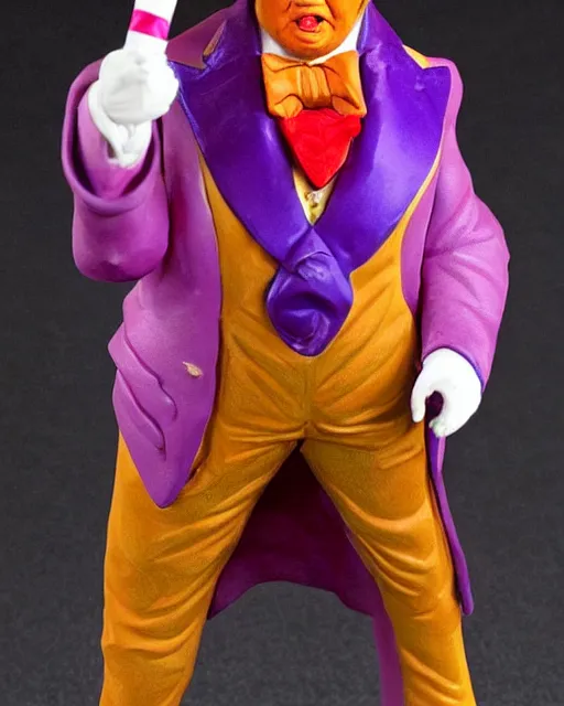 Image similar to maquette sculpture of donald trump as willy wonka, he is wearing a victorian era purple jacket and pants, and a velvet purple top hat over his long orange hair. he is holding a candy cane colored cane. his skin is an orange color like an oompa loompa. in the style of sideshow collectibles, highly detailed sculpture