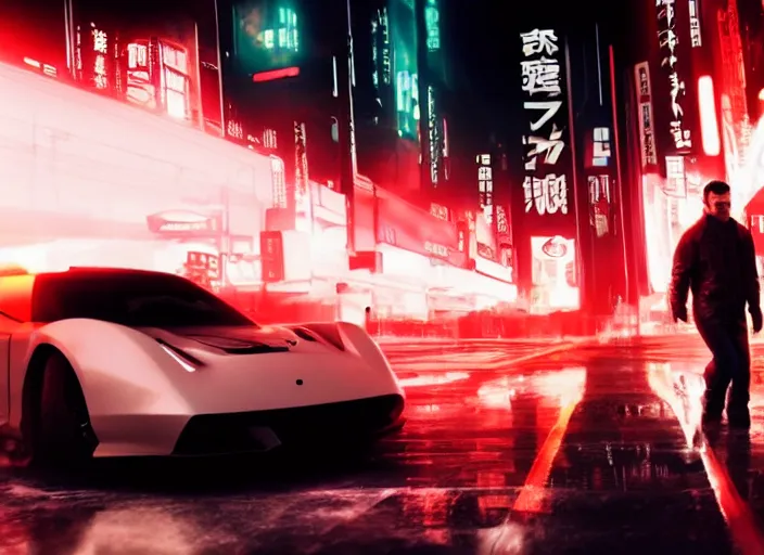 Prompt: Bladerunner2049 street racing man leaning cool pose on his white sports car with red emissives volumetric lighting Cyberpunk RTX ray marching street atmospheric cinematic screen cap street Tokyo slightly foggy Ryan Church Roger Deakins RX7 FD S15 GTR R35 Nismo