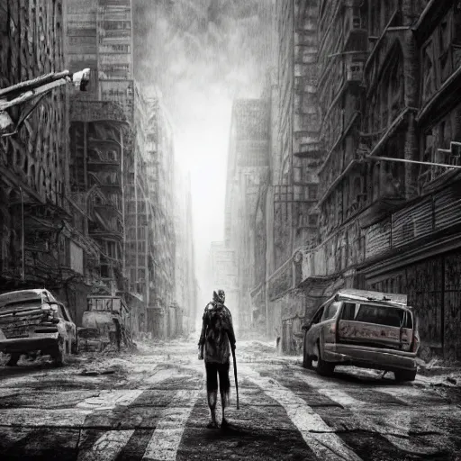 Image similar to a pencil sketch of a survivor in a post apocalyptic new york street, 4k, high detail, high-resolution photograph, professional photography, ultra-detail, sketch, drawing