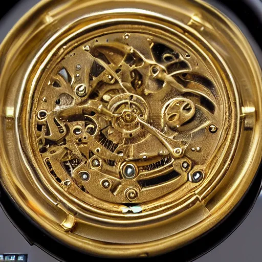 Image similar to a gold coin with a clock face printed on it, complex, high detail, close up