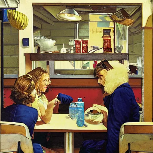 Image similar to a roadside diner open since the 7 0 s in ohio. free coffee refills, daily specials, and a door you must never open, high quality high detail art by angus mcbride and norman rockwell and nc wyeth, hd, realistic, photorealistic lighting, modern supernatural horror.