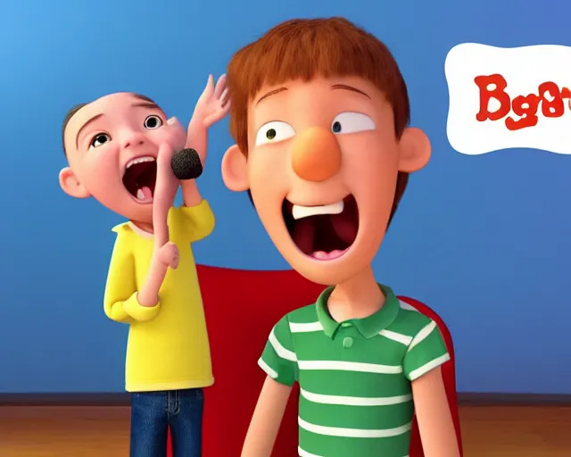 Image similar to detailed cartoon portrait of a little boy with a runny nose singing to his grandpa, 3 d pixar, sharp high quality