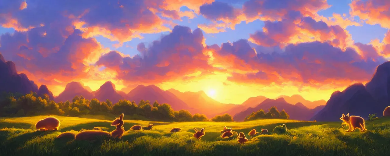 Image similar to bunnies hopping around in a beautiful nature landscape with clouds, mountains, in background, sunset, by rhads