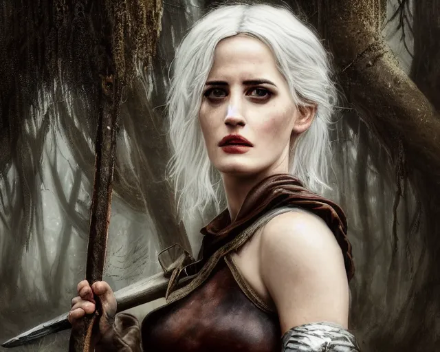 Image similar to 5 5 mm portrait photo of a real life tough looking eva green as ciri in brown leather armor with silver hair and a large scar along her left cheek, in a magical forest. dark atmosphere. art by greg rutkowski. highly detailed 8 k. intricate. lifelike. soft light. nikon d 8 5 0.