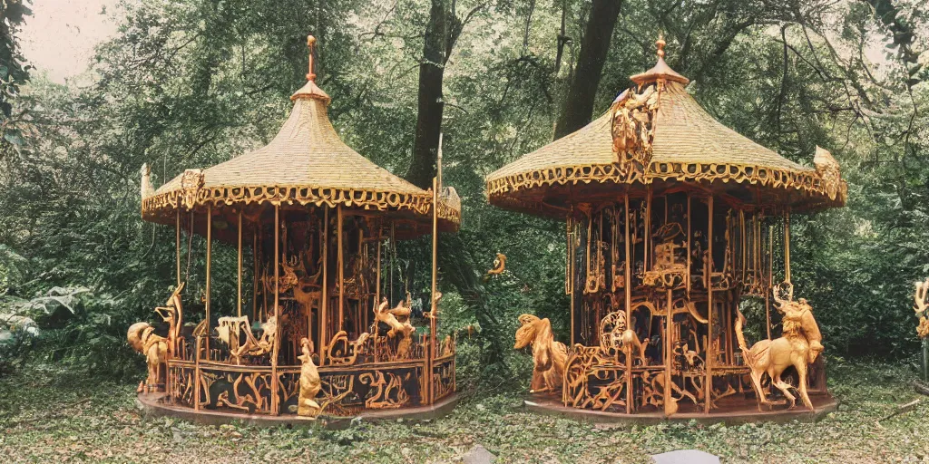 Prompt: an abandoned secret carousel with elaborately intricate carved wooden figures of animals, beachwood treehouse, discovered in a secret garden, hedgemaze, photo taken on fujifilm superia film, 3 5 mm