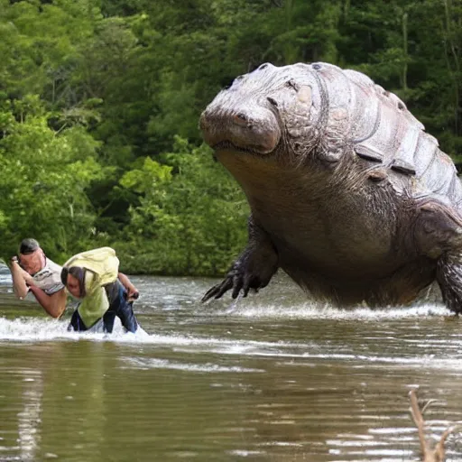 Image similar to giant tardigrade looks at an alligator at a river