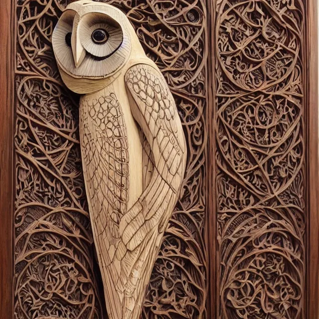 Image similar to a 3 d wooden mahogany art nouveau carved sculpture of a barn owl, in front of a delicate tracery pattern, intricate and highly detailed, well - lit, ornate, realistic, polished with visible wood grain