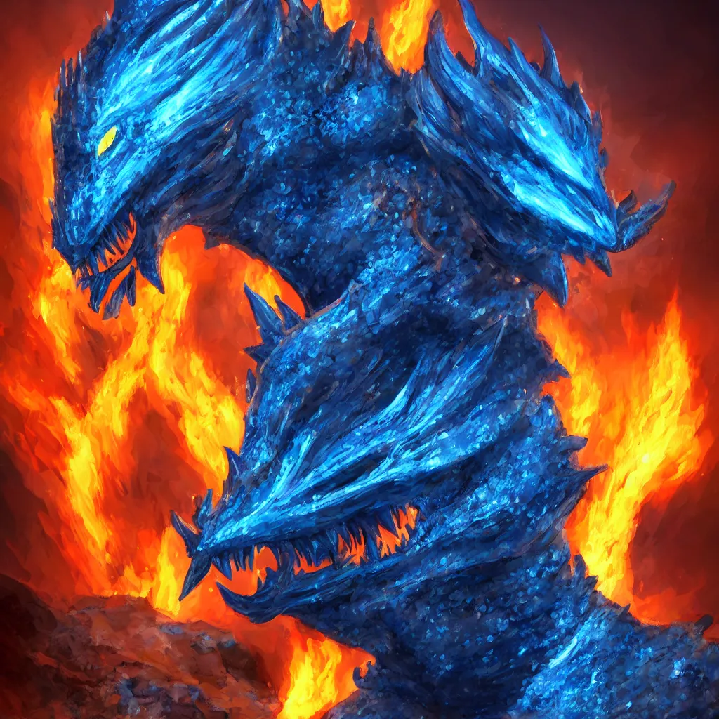 Image similar to a blue dragonborn with half of his face flaming with blue flame standing in a big cave, digital art