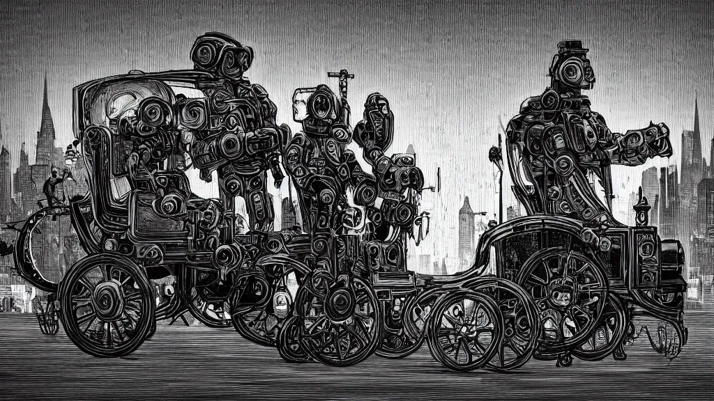 Prompt: Art of a robot as a bishop sitting in a carriage carried by people, in dark shades, ultra quality, cyberpunk style