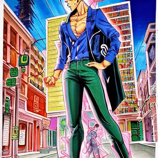 Prompt: a beautiful painting of a man with superpowers posing for a picture on a city street by hirohiko araki, detailed line art, jojos bizarre adventure