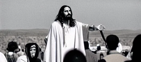 Prompt: Jesus speaking to the crowds in the desert. 35mm.
