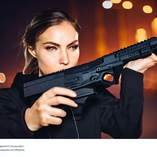 Image similar to photographic portrait of a techwear woman holding a Glock 18, closeup, on the rooftop of a futuristic city at night, sigma 85mm f/1.4, 4k, depth of field, high resolution, full color, two coherent arms